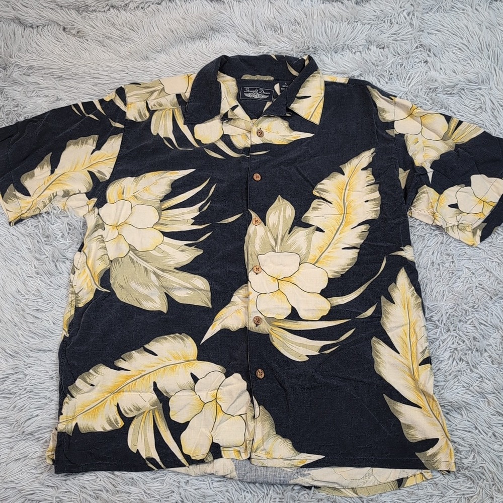 Straight Down Shirt Mens L Blue Silk Floral Button Up Pocket Hawaiian Vacay